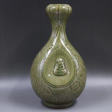 宋耀州窯刻花嬰戲觀音蒜頭瓶手工高仿古家居裝飾瓷器擺件古玩收藏1入