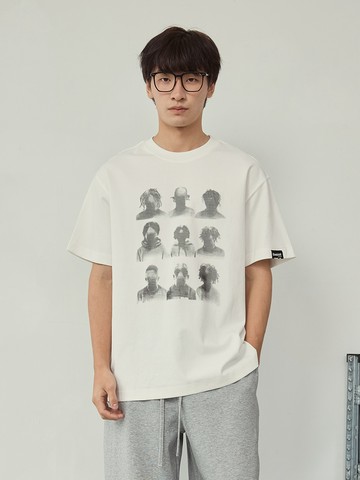 復古九宮格人物印花短T