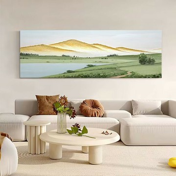 【含稅/免運】 手繪油畫橫版風景客廳裝飾畫山水畫高端臥室床頭長條掛畫日照金山