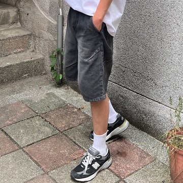 【AMERO】男裝 女裝 摺線水洗單寧短褲 鬆緊褲頭