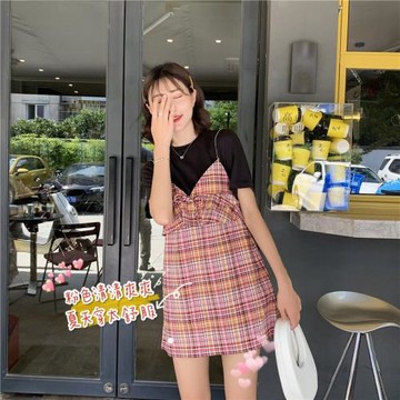 連衣裙女夏季新款小個子顯瘦娃娃裙寬松減齡甜美初戀裙子格子短裙