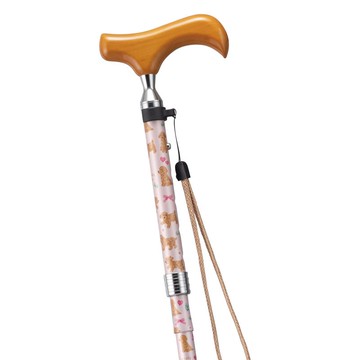 可愛狗狗圖案 鋁合金摺疊手杖・粉色 75-85cm 纖細杖身 木質握把 掛繩 收納套