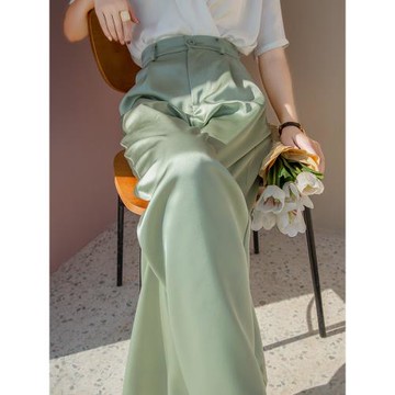淺綠色緞面闊腿褲女2026新款春季薄款高腰直筒窄版垂感高級感褲子