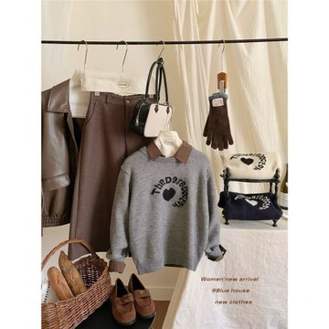 韓系簡約愛心字母提花針織上衣女秋冬季復古寬松外穿內搭套頭毛衣