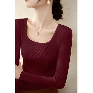 秋冬羊毛方領U領長袖針織衫女新款時尚顯瘦修身簡約內搭上衣打底