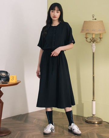 半開襟抽繩收腰短袖洋裝(兩色)