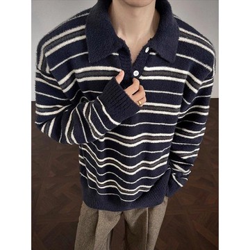韓系polo領條紋撞色針織衫男秋冬新款洋氣緊身顯瘦上衣男