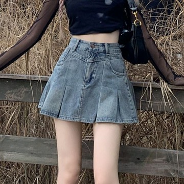 【砂糖夢境】美式復古牛仔半身裙女夏季2025新款百褶裙小個子高腰顯瘦A字短裙