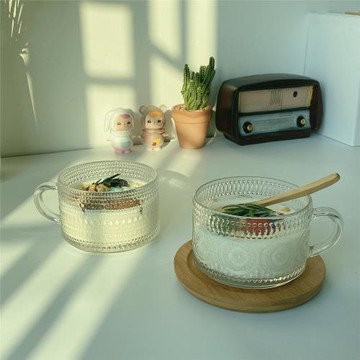 網紅燕麥早餐杯玻璃水杯大容量牛奶杯可疊帶把咖啡杯高顏值復古