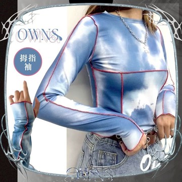 🥀旺斯女孩🥀歐美雲朵暈染反車上衣 下擺高低剪裁設計 反車線條修飾效果 修身長袖薄款T恤