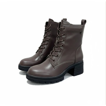 簡約真皮綁帶厚底馬汀短靴－咖