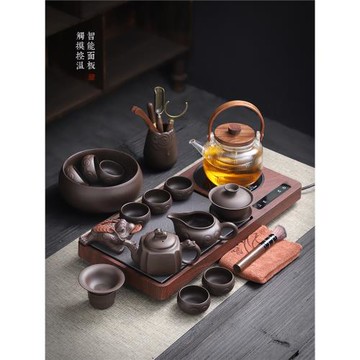 陶福氣 紫砂茶具套裝 家用玻璃煮水壺 自動上水煮茶泡茶一體茶盤