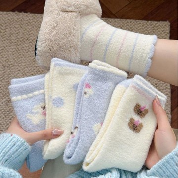 🔥3件8折🍊台北出貨🍊可開發票 保暖卡通中筒居家加厚水貂保暖可愛襪子秋冬加絨地板厚款睡眠厚襪