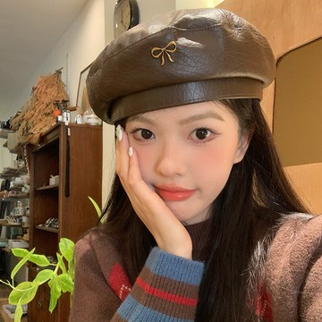 高級感PU皮質蝴蝶結貝雷帽子女2024年新款秋冬復古百搭蓓蕾畫家帽