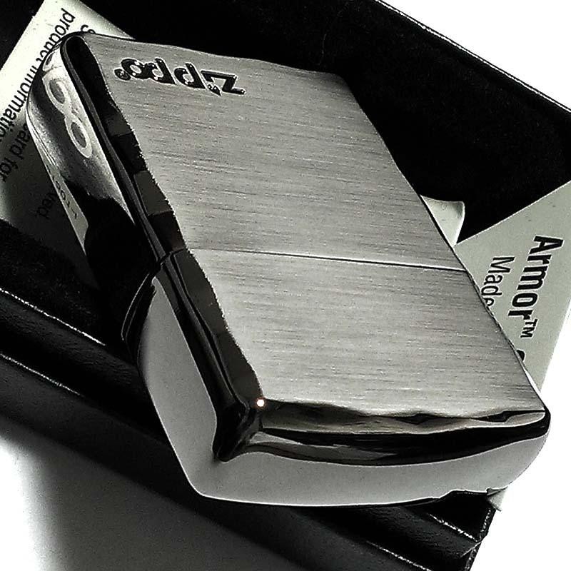 ZIPPO ライター アーマー ジッポ ロゴ シルバーサテン＆ブラック 両面