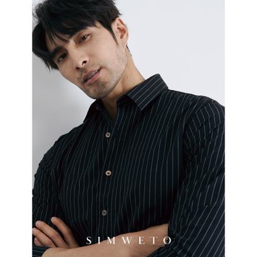 秋季輕熟型男 氣質高級感寶藍色條紋襯衫純棉意式抗菌扣領襯衣男