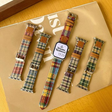 彩色毛呢 韓系格紋秋冬皮質錶帶 適用s10代applewatch9蘋果手錶SE76