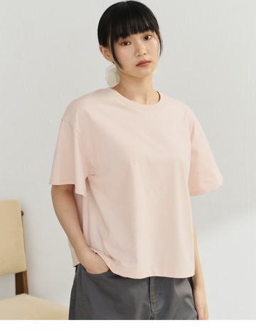 日系廓型拼接機能開衩袖短 T(淺粉)-女