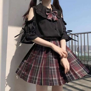 柚里 日系少女學院娃娃領jk制服洛麗塔內搭喇叭袖露肩短袖襯衫女上衣夏