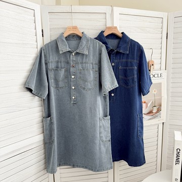 【Fee隔日到貨2色】復古牛仔車線半排釦水洗短袖短洋裝🔥翻領丹寧吊帶短洋裝 連身裙 細肩帶洋裝 牛仔裙 短袖洋裝