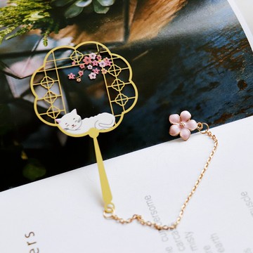 金屬鏤空貓咪團扇可愛網紅書簽九尾狐黃銅團扇流蘇吊墜刻字定制禮品