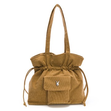 PLAYBOY - 抽繩肩背包 純色軟布系列 - 咖色/542-8701-30-6