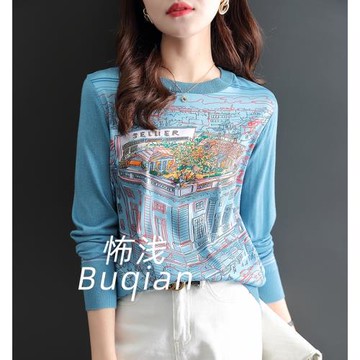 春秋歐貨小眾寬松印花空調衫上衣