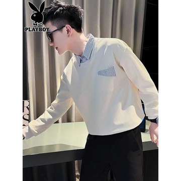 花花公子假兩件衛衣男款春秋潮流襯衫領內搭條紋白色長袖t恤男裝