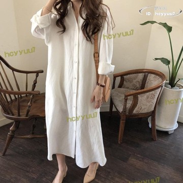 【滿額免運】韓國輕熟優雅慵懶風超長款襯衣式長款連衣裙棉麻防曬衣過膝