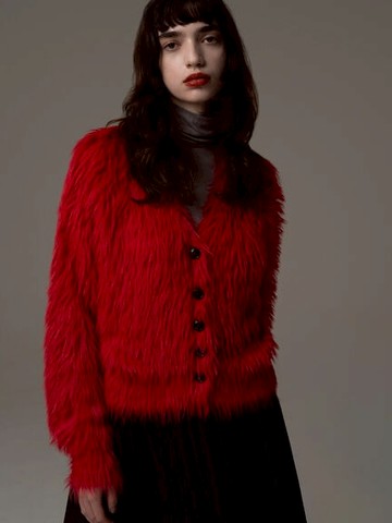 紅色系列暖毛絨V領開襟罩衫(0F001381110) - Te chichi