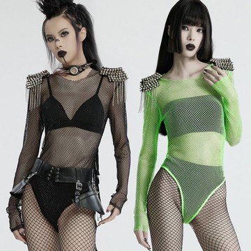 龐克星際旅人燙鑽網格連身衣 - 黑 / 綠 / 附肩章 / 萬聖節