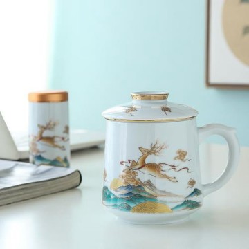 999鎏銀內膽陶瓷馬克杯辦公室泡茶杯帶蓋過濾茶水分離大容量水杯
