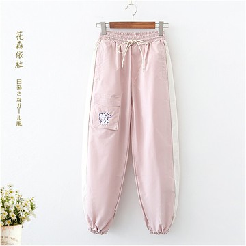日系學院風甜美兔子刺繡工裝褲中學生少女寬松百搭束腳休閑褲長褲