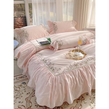 法式復古粉色純棉床上四件套公主風荷葉邊被套全棉床單網紅少女心