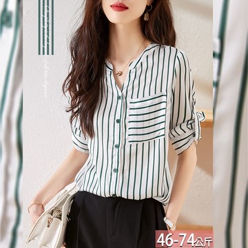 亨利領條紋雙色口袋反褶袖襯衫 M-2XL【412120X】【現+預】☆流行前線☆
