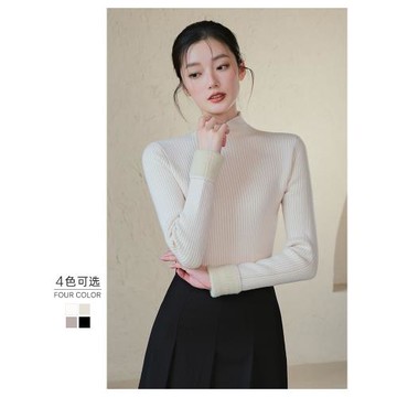 一體絨半高領毛衣女秋冬內搭長袖加絨加厚保暖黑色針織打底衫上衣