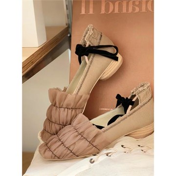 【Ruyan Vuicr】2023年新款方頭綁帶平底芭蕾舞鞋女網紗粗跟單鞋