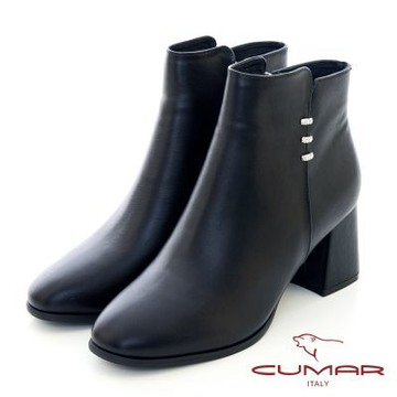 【CUMAR】典雅小鑽飾粗跟短靴-黑色