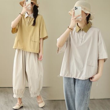 大碼寬松日系撞色拼接棉麻短袖襯衫顯瘦百搭polo領套頭襯衣女夏季