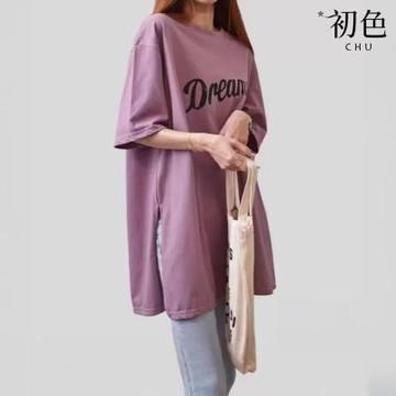 初色 休閒風前後印花寬鬆開衩圓領五分袖T恤上衣女上衣-共3色-11219(F可選)