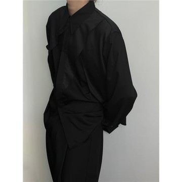 「 凌鴉ILNya 」支離_黑 弧形襯衫 多裁片解構飄布優雅長袖