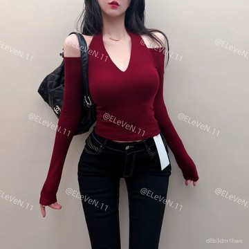 【核心賣點】性感露肩掛脖V領顯瘦加絨長袖T恤 設計感秋冬短款內搭打底衫女上衣 短板顯瘦上衣 薄長袖上衣女 長袖上衣女 短