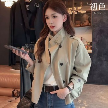 初色 英倫風翻領雙排釦短款長袖寬鬆舒適風衣外套女外套-共2色-50096(M-XL可選)