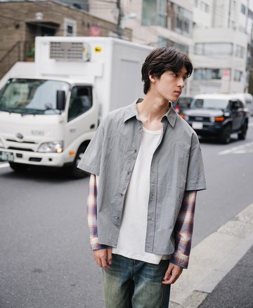 迷失 假兩件格紋拼接長袖襯衫