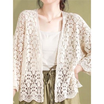 原創文藝復古全棉炒色針織開衫秋季新款縷空高檔鏤空披肩外套上衣