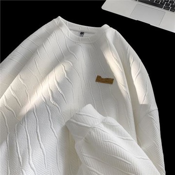 肌理感圓領衛衣男春秋款潮牌寬松長袖打底衫美式重磅oversize上衣