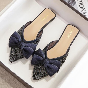 包頭半拖鞋女夏外穿法式絕美平底涼拖鞋水鉆穆勒鞋大碼女鞋41到43