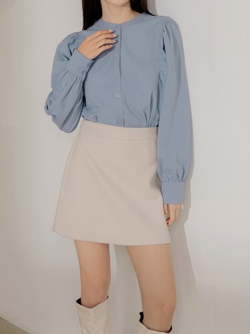 純棉中山領打褶泡泡袖襯衫上衣