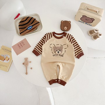 嬰兒條紋小熊連體衣服韓版春秋季款男女寶寶超萌洋氣ins外出爬服鑫弘-萌寶童裝可開發票