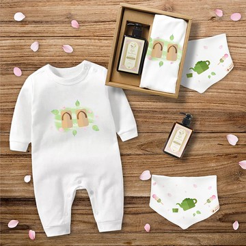 花見寶寶木屐 長袖連身衣 三角巾沐浴露  3件組禮盒 滿月周歲禮物